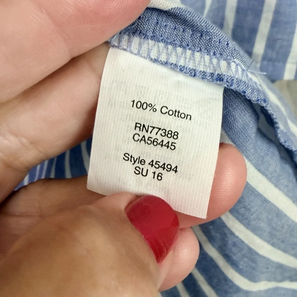 J Crew Henley Top Blouse S Blue Stripe Roll Tab Sleeve Preppy Summer Popover